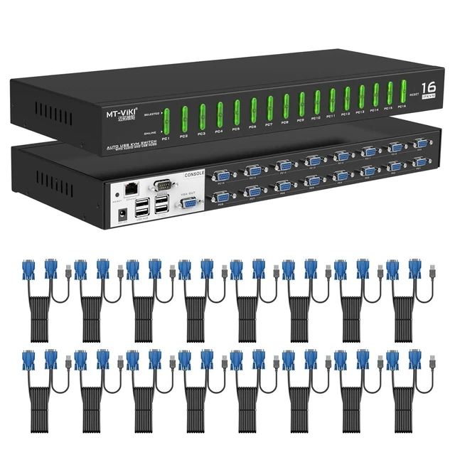 Alt view image 2 of 2 - IP KVM Switch 16 Port, Rackmount KVM Console Over IP, 1 Local & Remote Access, Support Hotkey & OSD, Included 16 VGA KVM Cables