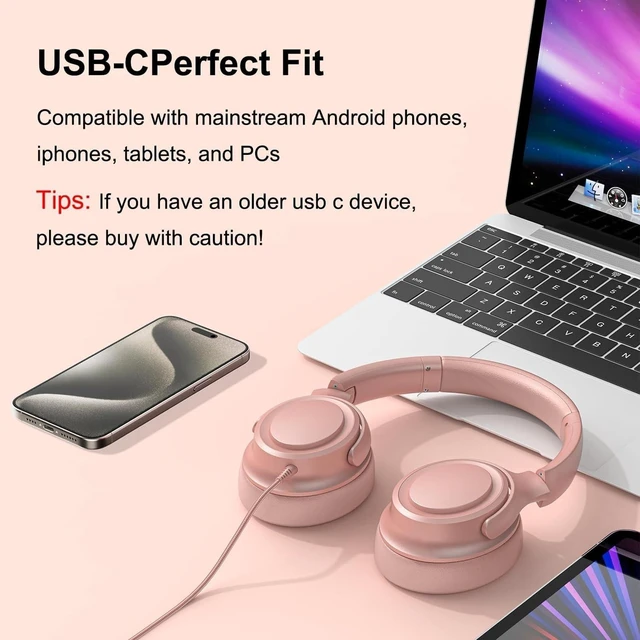 Alt view image 8 of 10 - ADOOPE Wired Over-Ear Headphones with USB C Connector, Hi-Fi Stereo Sound, Noise-Isolating Ear Cups, Comfortable Fit for USB C Devices (with Bag, Gold)