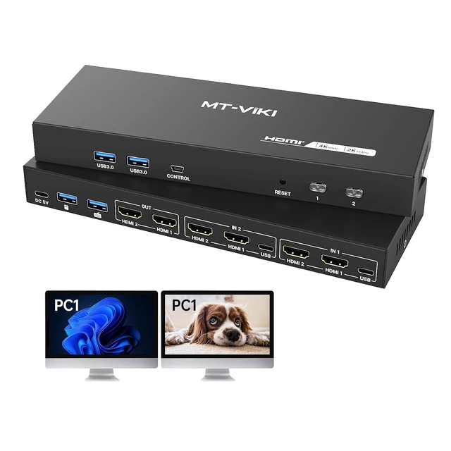 Alt view image 2 of 2 - HDMI KVM Switch 2 Monitors 2 Computers 4K@60Hz, USB3.0 HDMI KVM Switch Dual Monitor with 4 USB 3.0 Ports Sharing Keyboard/Mouse/Printer