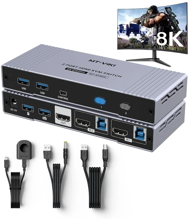 Alt view image 2 of 2 - 4K@144Hz USB 3.0 HDMI KVM Switch 2 Port 8K@60Hz, Aluminum KVM Switch HDMI 2.1, 4K@120Hz HDR for Games