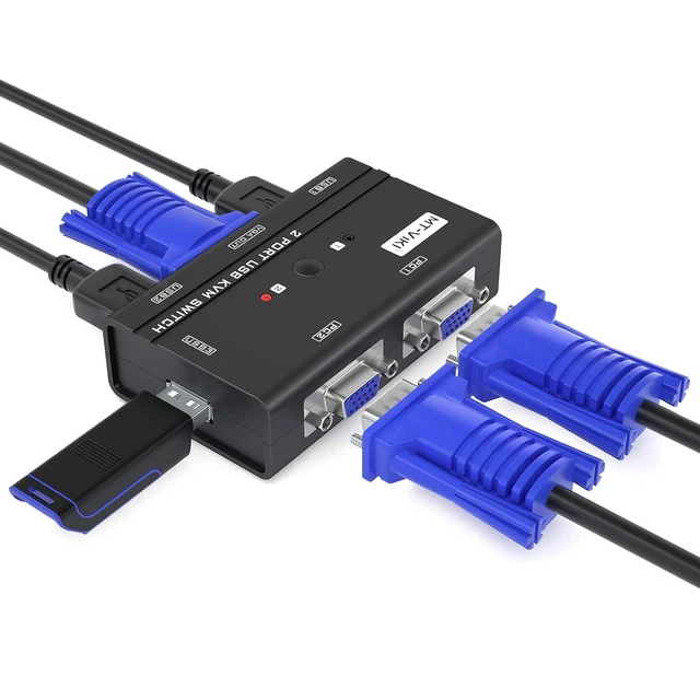 Alt view image 2 of 2 - VGA KVM Switch, 2 Port USB VGA KVM Switch for 2 Computers Share 1 Monitor Keyboard Mouse Printer, + 2 KVM Cables
