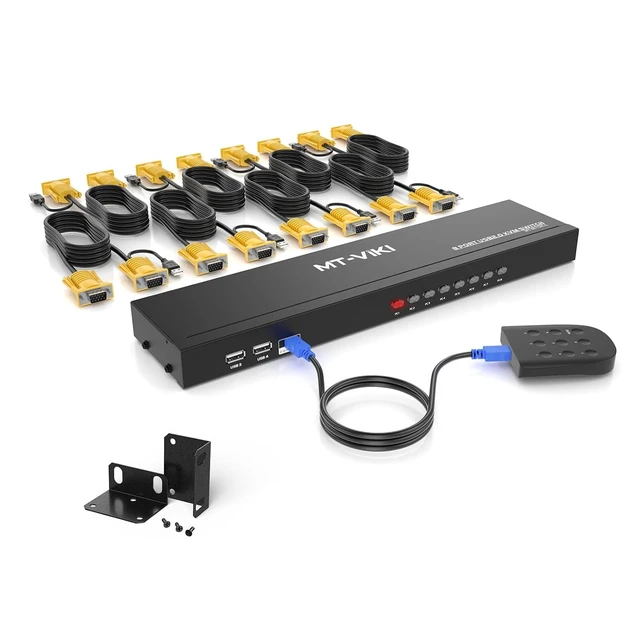Alt view image 2 of 2 - KVM Switch 8 Port, 8X1 Rackmount KVM Switch VGA, Included 8 2-in-1 KVM Cables & Wire-Desktop Selector & Power Adapter, Fit 1U 19'' Rack