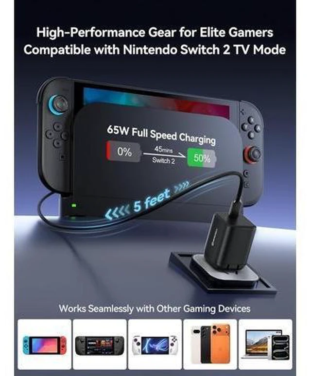 Alt view image 10 of 14 - USB-C 65W GaN Charger for Nintendo Switch 2 (TV Mode) Small PD PPS USB-C Fast Wall Charging Block with 5ft Cable for Switch Steam Deck ROG Ally iPhone Android Tablet & Laptop