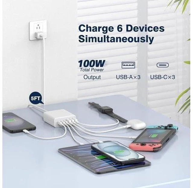 Alt view image 9 of 14 - USB C Fast Charger Block, 100W 6 Ports Charging Station Hub for iPhone 16 15 14 13 Pro Max, iPad Pro Air Mini, Galaxy, for Air-pods 4, Pro 2, 25W PPS Type C Wall Charger with LED, 5ft Cord