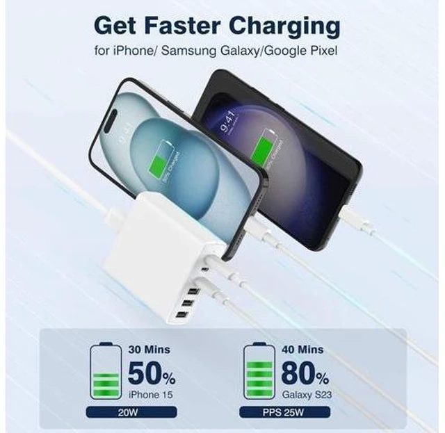 Alt view image 10 of 14 - USB C Fast Charger Block, 100W 6 Ports Charging Station Hub for iPhone 16 15 14 13 Pro Max, iPad Pro Air Mini, Galaxy, for Air-pods 4, Pro 2, 25W PPS Type C Wall Charger with LED, 5ft Cord