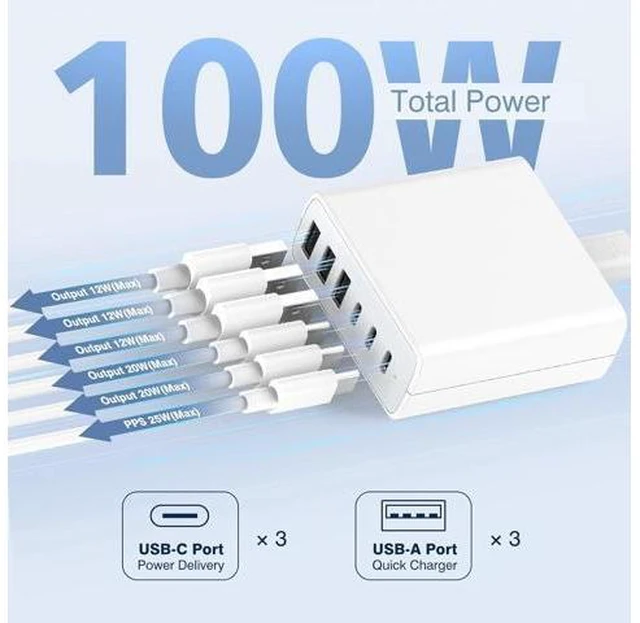 Alt view image 11 of 14 - USB C Fast Charger Block, 100W 6 Ports Charging Station Hub for iPhone 16 15 14 13 Pro Max, iPad Pro Air Mini, Galaxy, for Air-pods 4, Pro 2, 25W PPS Type C Wall Charger with LED, 5ft Cord