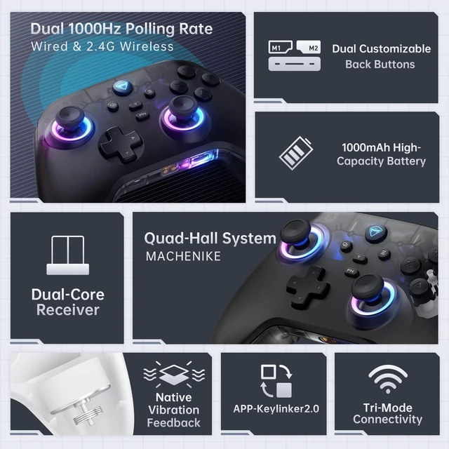 Alt view image 9 of 14 - JAYSUING G3V2 Bluetooth Controller for Pc/Switch/Ios/Android, Hall Effect Joysticks, RGB Lighting Gaming Controller,2 Programmable Buttons,1000mah Battery With Charging Station, White