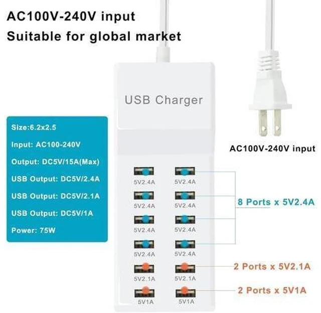 Alt view image 10 of 14 - USB Charging Station with 12 Port Power Strip Fast Charging hub for Multiple Devices Compatible with Cell Phones Tablets Laptops (12 USB Ports)
