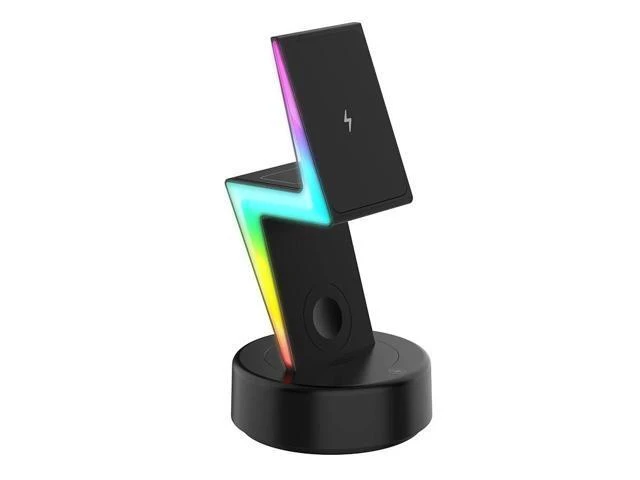 Alt view image 5 of 8 - 3 In1 Wireless Charger Phone Headphones Watches Wireless Charger Pad Bolt Shape Led Fast Charging Stand Black
