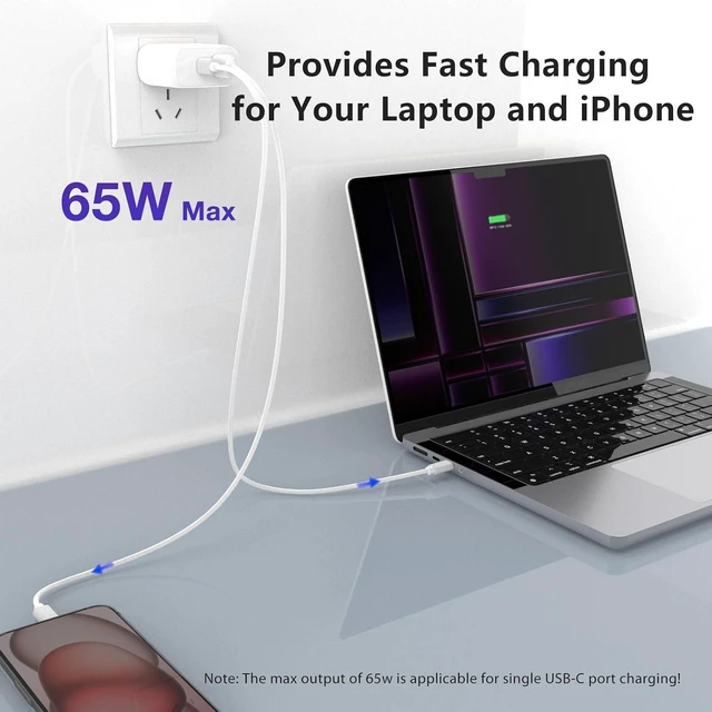 Alt view image 10 of 14 - 65W USB C Charger with 5FT USB C Cable Type C Charger Fast Charging 2-Port Wall Charging Block for MacBook Pro/Air iPhone 17/16/15 iPad Pro/Air Galaxy S24/S23 Pixel Steam Deck (White)