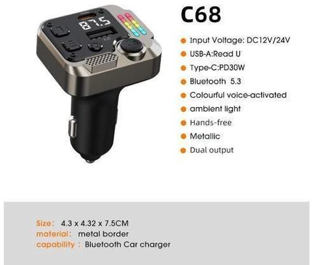 Alt view image 10 of 12 - BT5.3 Multifunctional Wireless Car Adapter with FM Radio, 30W Fast Charger, 2 USB Ports, Handsfree Music Player Charger