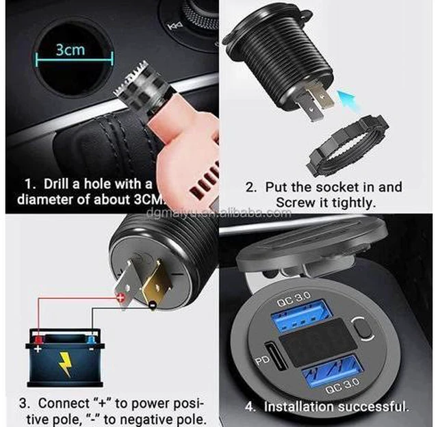 Alt view image 7 of 10 - 12-24V PD & QC3.0 USB Charger With LED Voltmeter Fast Car Charger Socket Outlet Green