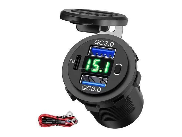 Alt view image 6 of 10 - 12-24V PD & QC3.0 USB Charger With LED Voltmeter Fast Car Charger Socket Outlet Green