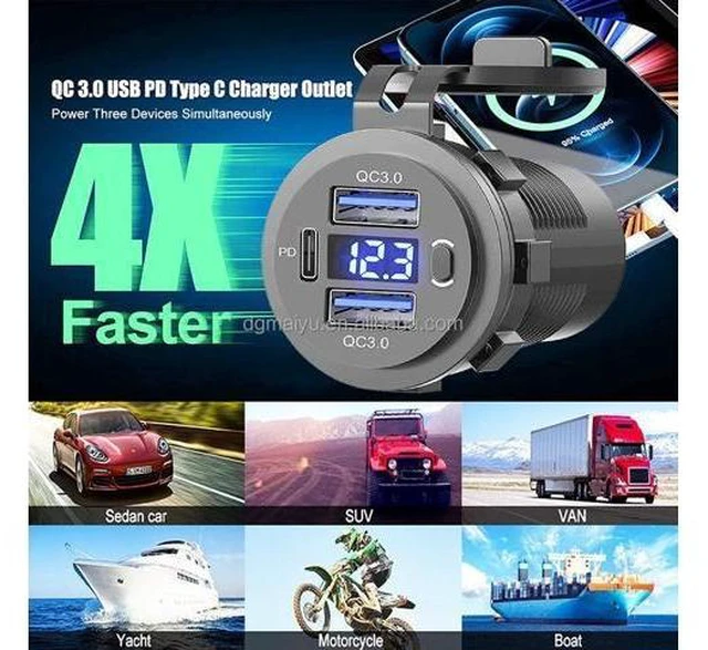 Alt view image 9 of 10 - 12-24V PD & QC3.0 USB Charger With LED Voltmeter Fast Car Charger Socket Outlet Green