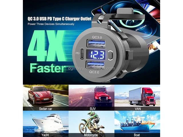 Alt view image 9 of 10 - 12-24V PD & QC3.0 USB Charger With LED Voltmeter Fast Car Charger Socket Outlet Red