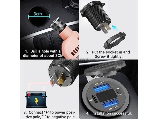 Alt view image 7 of 10 - 12-24V PD & QC3.0 USB Charger With LED Voltmeter Fast Car Charger Socket Outlet Red