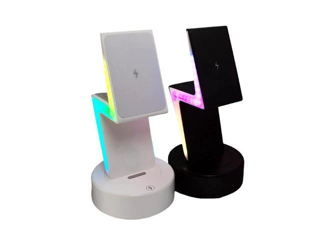 Alt view image 7 of 8 - 3 In1 Wireless Charger Phone Headphones Watches Wireless Charger Pad Bolt Shape Led Fast Charging Stand Black