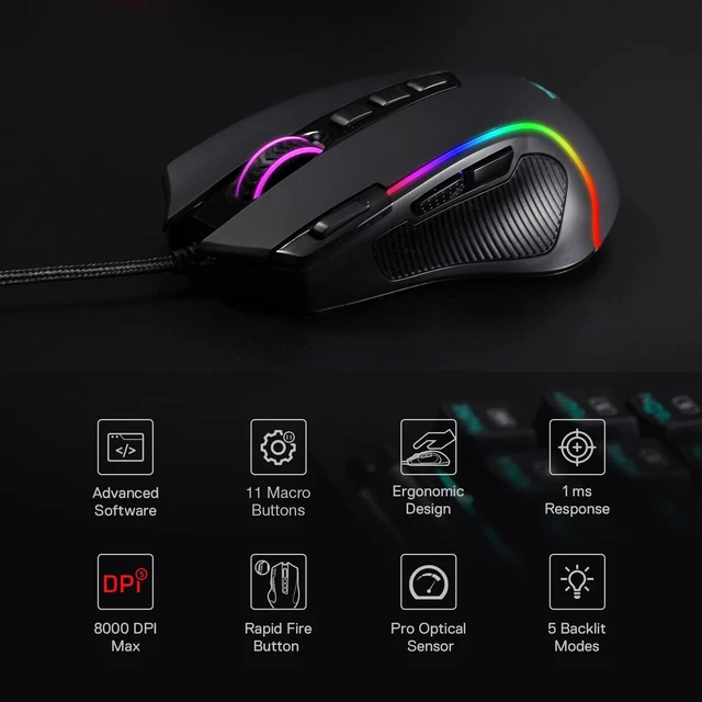 Alt view image 10 of 14 - M612 Predator RGB Gaming Mouse, 8000 DPI Wired Optical Mouse with 11 Programmable Buttons & 5 Backlit Modes, Software Supports DIY Keybinds Rapid Fire Button