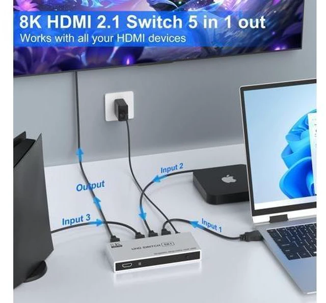 Alt view image 8 of 10 - 8K HDMI Switch 5 in 1 Out 8K@60Hz 4K@120Hz, HDMI 2.1 Splitter with IR Remote HDMI Switcher Selector Box Support 8K 4K 120Hz, HDMI 2.1 Switch for PS 5 4 3 Xbox DVD Blu-ray PC