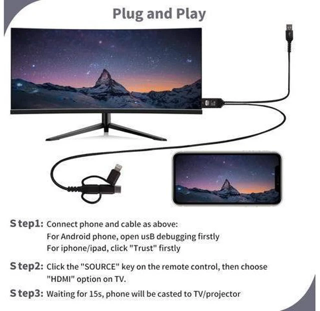 Alt view image 10 of 14 - HDMI Cable to TV Adapter 2k 60Hz 1080P Phone to TV HDTV AV Adapter for Android Phone Type C 3-in-1 Design Multi-Function Plug & Play HDMI Cable Compatible with TV/PS5/HDTV/Blu-ray