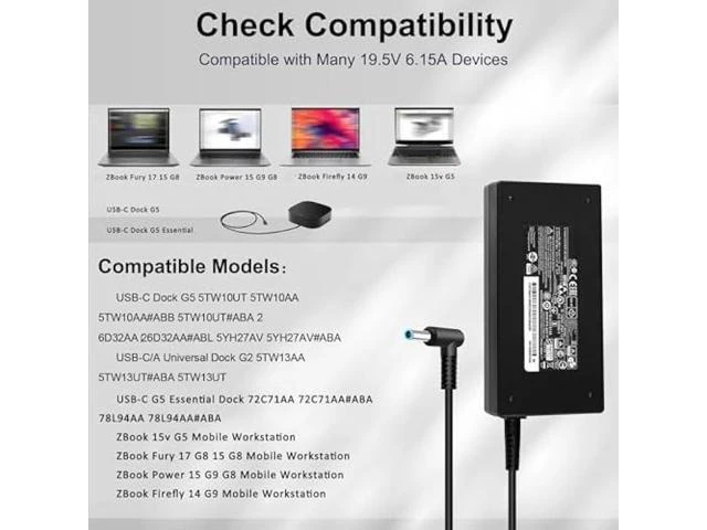 Alt view image 9 of 12 - 120W 6.15A Charger 710415-001 L41856-001 for HP USB-C Dock G5 5TW10UT 5TW10AA 5TW10AA#ABB 5TW10UT#ABA USB-C/A Universal Dock G2 5TW13AA HP Omen 15-5000 15-5100 15-5200 Laptop Charger
