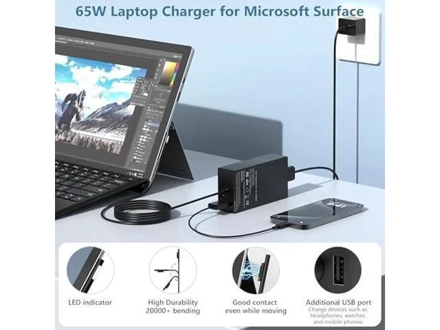 Alt view image 12 of 12 - Surface Pro Charger-65W Surface Charger Compatible with Microsoft Surface Pro 9,8,7+,7,6,5,4,3,X,10,Surface Book 3,2,1,Surface Go 3,2,Surface Laptop Studio,Support 44W,36W,24W Surface Charger