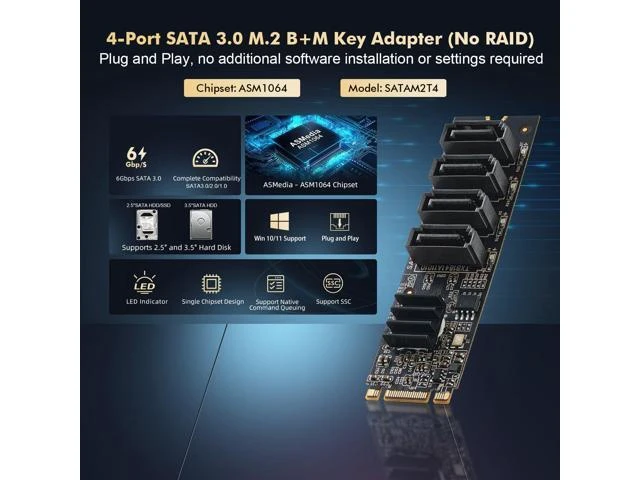 Alt view image 7 of 10 - M.2 to SATA Card 4 Port, 6Gbps SATA 3.0 Binardat Controller, Includes 4 Cables, for Windows 10/11