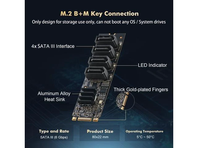 Alt view image 9 of 10 - M.2 to SATA Card 4 Port, 6Gbps SATA 3.0 Binardat Controller, Includes 4 Cables, for Windows 10/11