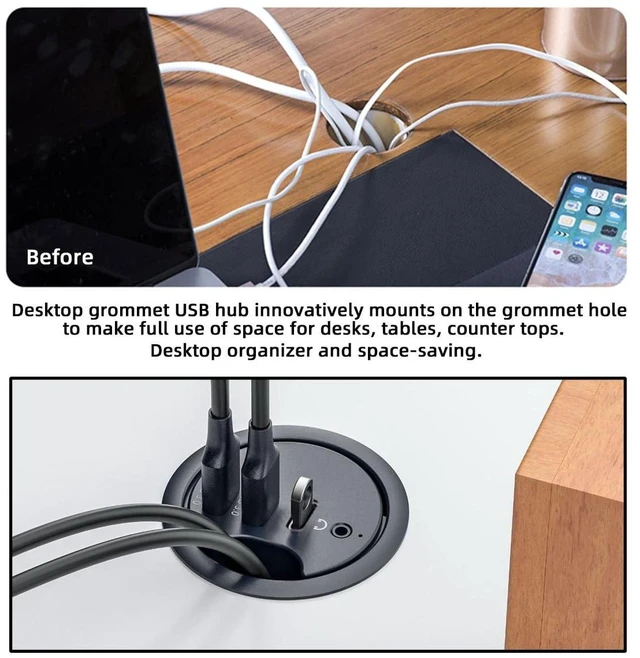 Alt view image 13 of 14 - 3.0 Hub Sound Card USB-C 2 Port USB 60mm Desk Grommet Splitter Dock Station Headphone Mic Audio Interface for Desktop PC Desk