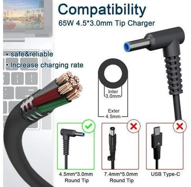 Alt view image 9 of 14 - 65W 45W AC Charger Fit for HP Probook 440 445 450 455 470 640 650 G10 G9 G8 G7 G6 G5 G4 G3 G2 Elitebook 845 840 for HP Pavilion x360 11 13 14 15 17 Envy X360 Blue Tip Laptop Adapter Power Cord (65W)