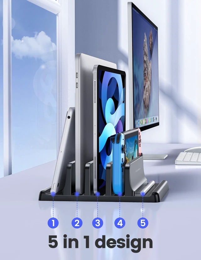 Alt view image 9 of 14 - 3-Slot Vertical Laptop Stand Organizer, Laptop Storage Holder Made of Premium ABS Plastics 5 in 1 Design,Desktop Space-Saving Adjustable Desk Organizer for All MacBook/Chromebook/Surface