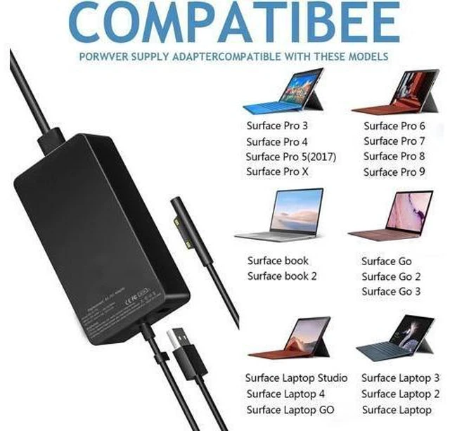 Alt view image 12 of 12 - 65W Surface Pro Laptop Charger for Surface Pro 10/9/8/7/6/5/4/3/X Windows Surface Laptop 6/5/4/3/2/1 Surface Book 3/2/1 Surface Go 3/2/1 Surface Charger Supports 44W 36W