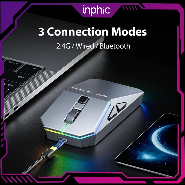 Alt view image 12 of 14 - Wireless Gaming Mouse, Tri-Mode 12000 DPI, 65g Lightweight Silent Mouse, 2.4G/BT5.0/Wired, Programmable Macro Keys