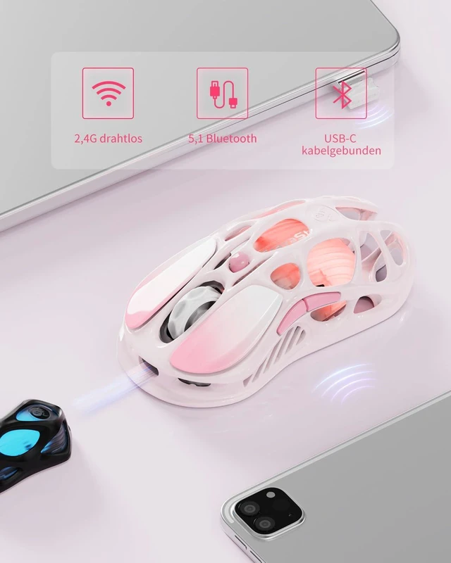 Alt view image 11 of 14 - Mercury M1 Pro Wireless Gaming Mouse, Lightweight Magnesium Alloy, 26,000 DPI, PAW3395DM Sensor, 5 Programmable Buttons, Support Wired/2.4GHz/BT, Up to 200 Hours Battery Life (Gradient Pink)