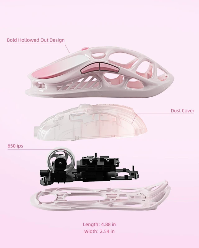 Alt view image 14 of 14 - Mercury M1 Pro Wireless Gaming Mouse, Lightweight Magnesium Alloy, 26,000 DPI, PAW3395DM Sensor, 5 Programmable Buttons, Support Wired/2.4GHz/BT, Up to 200 Hours Battery Life (Gradient Pink)