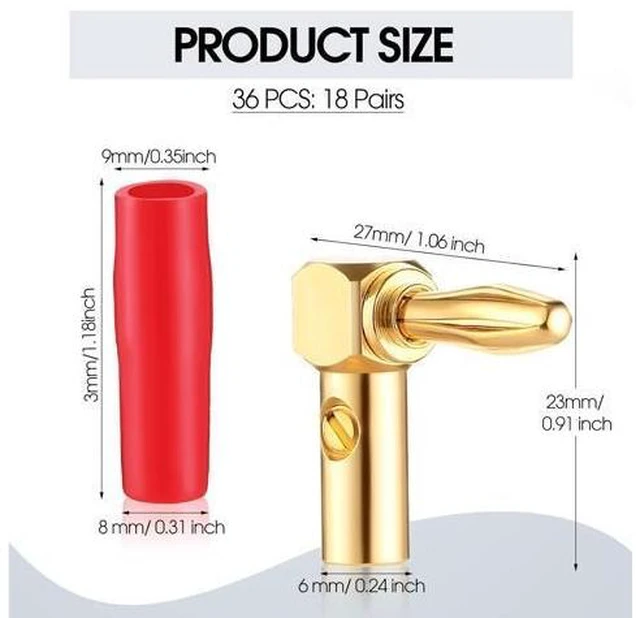 Alt view image 9 of 14 - 36 Pcs Right Angle Banana Plugs 4mm Banana Speaker Plugs Gold Plated Copper 90 Degree Connector Audio Video Connectors Adapters for Speaker Wire Red and Black