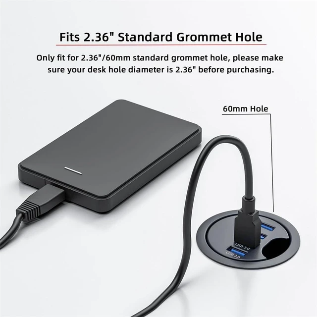 Alt view image 12 of 14 - 3.0 Hub 4 Port USB 60mm Desk Grommet Splitter Dock Station Interface for Desktop PC Desk