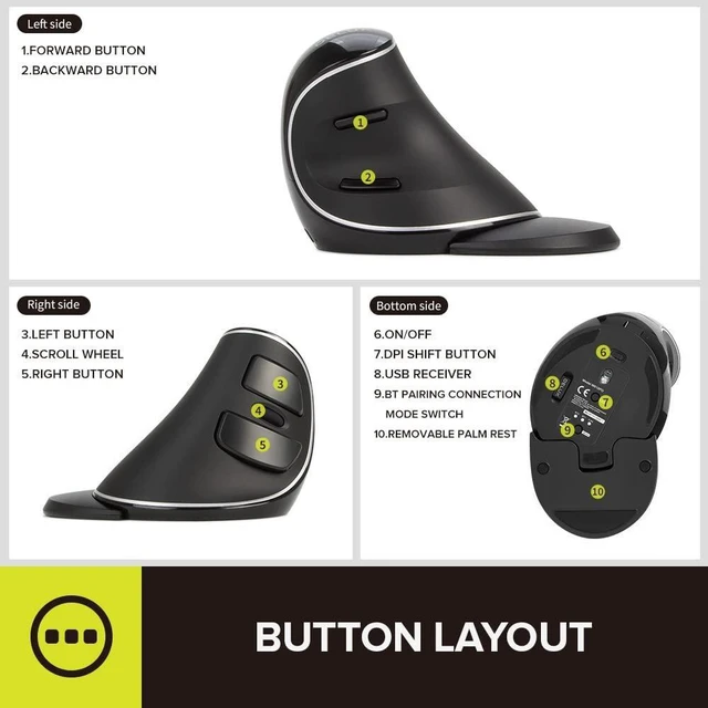 Alt view image 10 of 14 - Wireless Ergonomic Vertical Mouse, Rechargeable Ergo Mouse for large Hands, Slient Click, Removable Wrist Rest, Up to 4000 DPI, 6 Buttons,2.4G Dual Mode, Compatible with Laptop/PC (M618PD-Black)