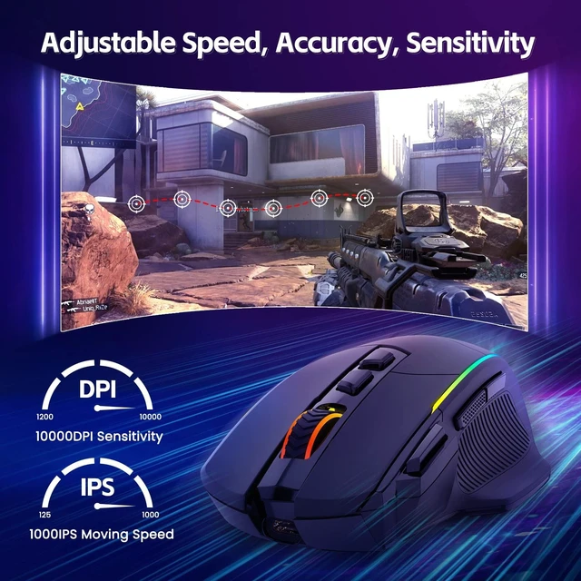 Alt view image 12 of 14 - Wireless Gaming Mouse,Tri-Mode 2.4G/USB-C/Bluetoothy, Up to 10000DPI,Chroma RGB Backlit,Ergonomic with 8 Programmable Buttons,Rechargeable Computer Mouse for Laptop,PC,Mac