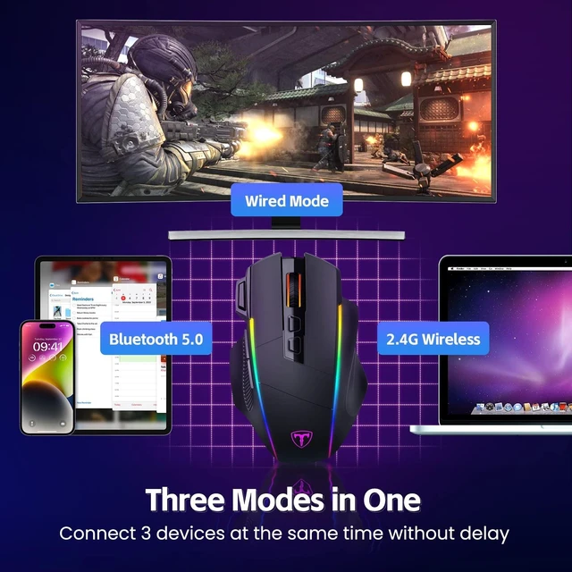 Alt view image 9 of 14 - Wireless Gaming Mouse,Tri-Mode 2.4G/USB-C/Bluetoothy, Up to 10000DPI,Chroma RGB Backlit,Ergonomic with 8 Programmable Buttons,Rechargeable Computer Mouse for Laptop,PC,Mac