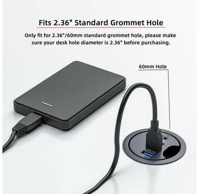 Alt view image 10 of 14 - ChenYang USB 3.0 Flush Mount Desktop HUB,2 USB 3.0 Port/1 USB C Port HUB Grommet Hole 2.36"(60mm) with 3.5mm Audio Port
