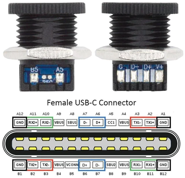 Alt view image 10 of 14 - xiwai 5pcs/Set DIY OEM Type C Female Socket Connector to 6Pin PCBA Pinout Scew Nut Mount Type PD Power DC 5V/20V for Wiring