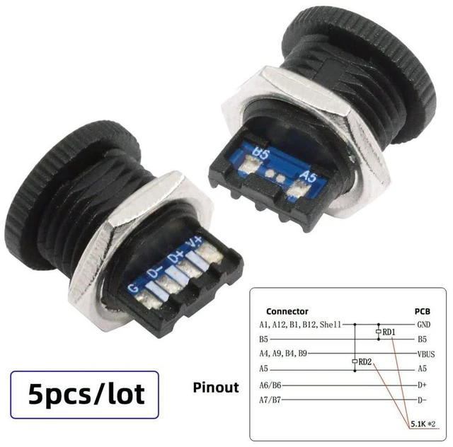 Alt view image 11 of 14 - xiwai 5pcs/Set DIY OEM Type C Female Socket Connector to 6Pin PCBA Pinout Scew Nut Mount Type PD Power DC 5V/20V for Wiring