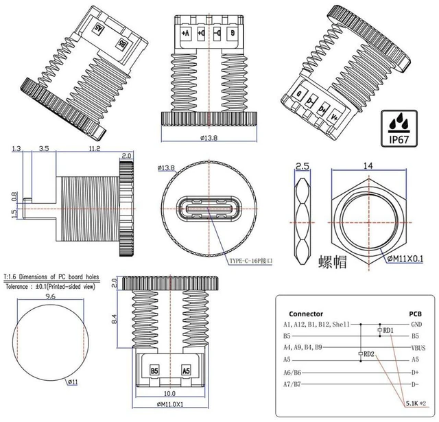 Alt view image 12 of 14 - xiwai 5pcs/Set DIY OEM Type C Female Socket Connector to 6Pin PCBA Pinout Scew Nut Mount Type PD Power DC 5V/20V for Wiring