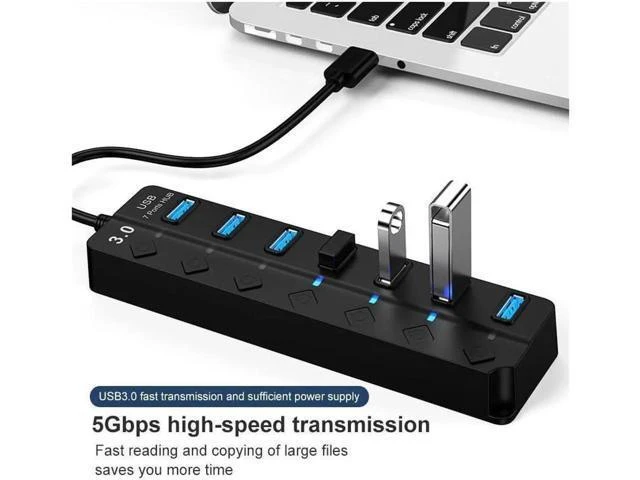 Alt view image 10 of 14 - USB 3.0 Hub, DEFEILIN 7 Port Powered USB Hub Expander Aluminum USB 3.0 Data Port hub with Universal 5V AC Adapter and Individual On/Off Switches USB Splitter for Laptop and PC(Black)