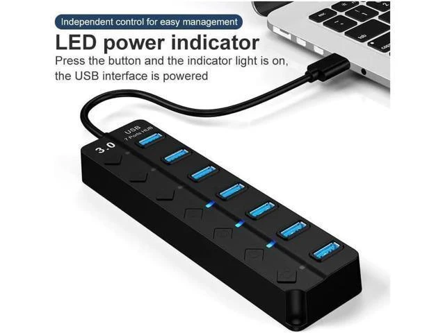Alt view image 13 of 14 - USB 3.0 Hub, DEFEILIN 7 Port Powered USB Hub Expander Aluminum USB 3.0 Data Port hub with Universal 5V AC Adapter and Individual On/Off Switches USB Splitter for Laptop and PC(Black)