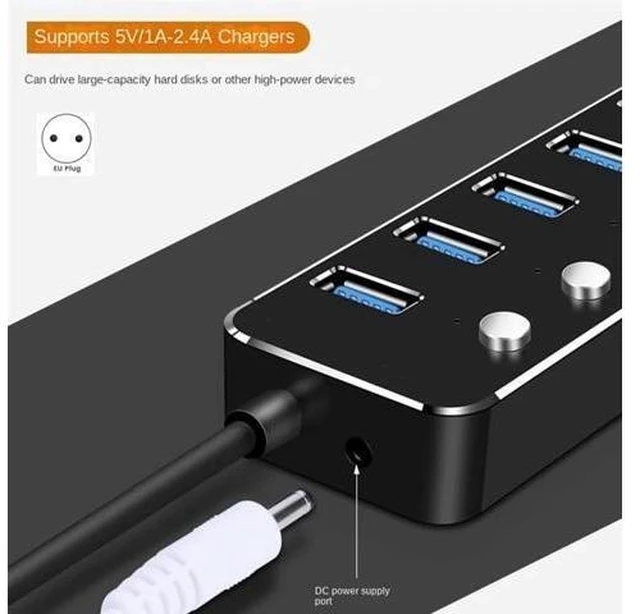 Alt view image 7 of 8 - USB 3.0 Power Adapter 7 Ports Aluminum Alloy Splitter Hub USB Multi Extender Switch 1.2M Cable Hub Kit USB Hub 3.0 EU Plug B-N33