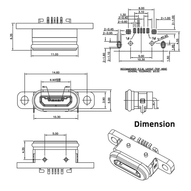 Alt view image 12 of 14 - xiwai 5pcs DIY OEM 480Mbps USB2.0 Micro-B Female Receptacle Socket PCB Board Connector with Mounting Waterproof SMT Type