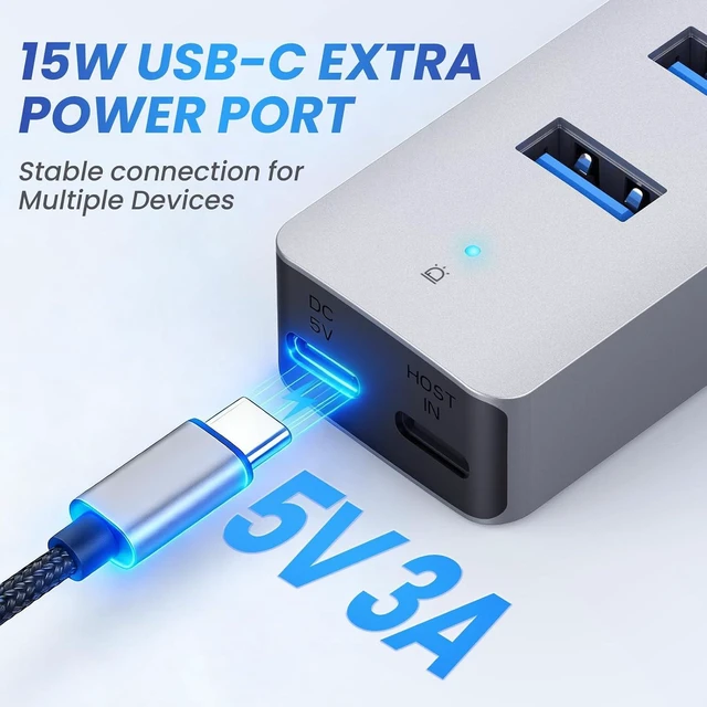 Alt view image 9 of 12 - 4 Port USB3.0 and USB-C HUB for PC,Laptop,MacBook Pro etc | 7-Port USB3.0 Splitter & USB Extender, Aluminum,5Gbps,Detachable Dual Cables (4.28ft Long)