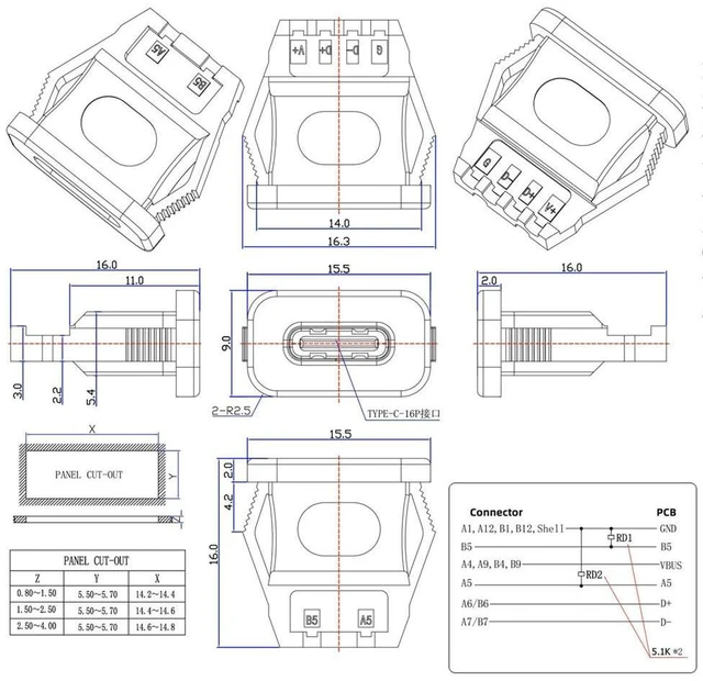 Alt view image 12 of 14 - xiwai 5pcs/Set DIY OEM Type C Female Socket Connector to 6Pin PCBA Pinout Rectangle Latch Mount Type PD Power DC 5V/20V IP67 for Wiring
